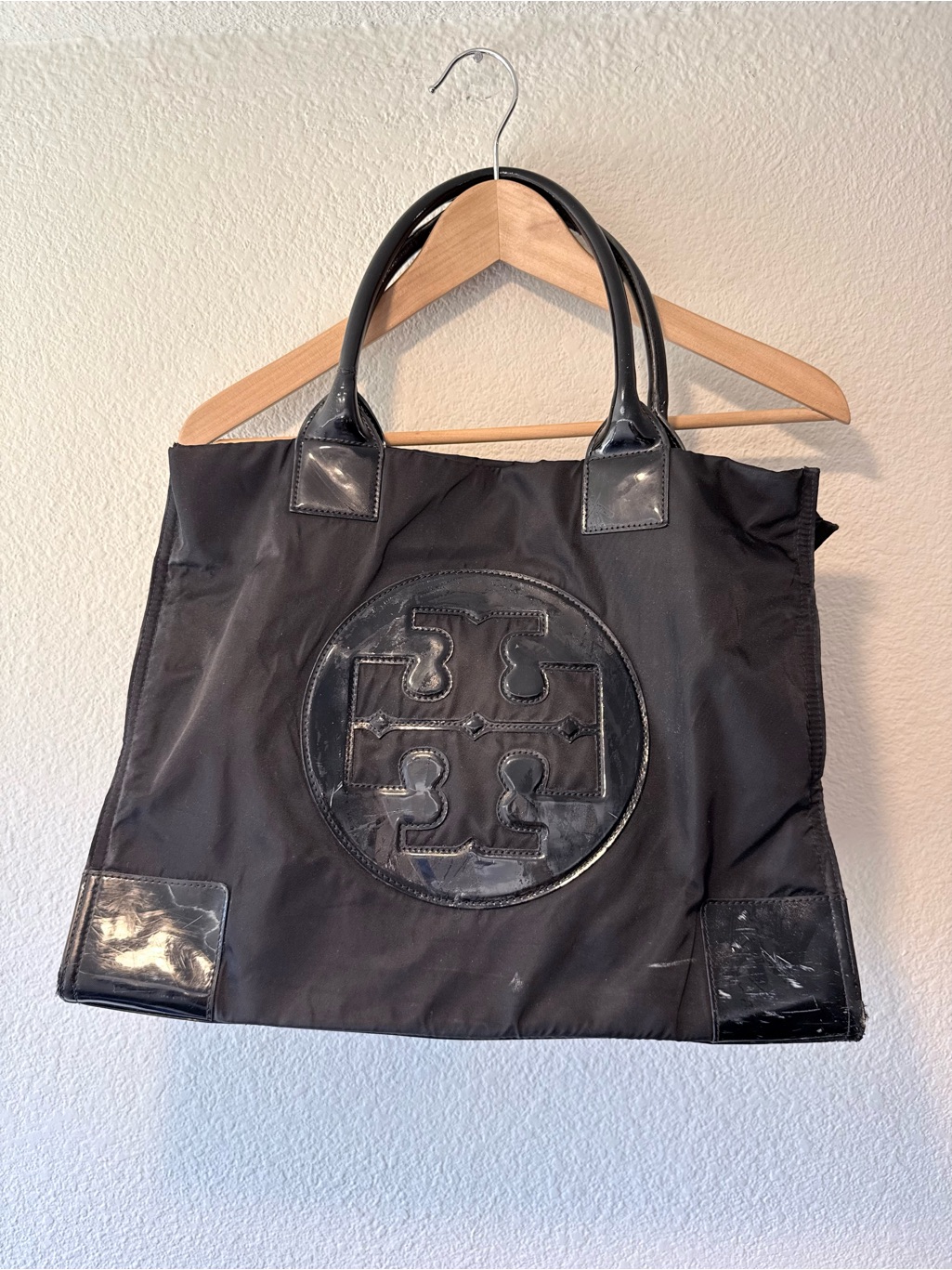 Tory Burch Black Nylon Logo Patent Leather Trim
